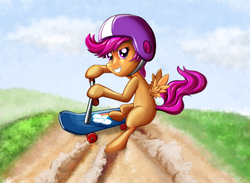 Size: 1000x733 | Tagged: safe, artist:suntenri, scootaloo, pegasus, pony, g4, action pose, female, filly, helmet, scooter, sliding, solo