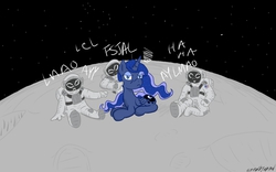 Size: 1280x800 | Tagged: safe, artist:anearbyanimal, princess luna, alicorn, pony, g4, astronaut, ayy lmao, frown, fsjal, glare, luna and the nauts, moon, pointing, poking, prone, sitting, spacesuit, teasing, unamused, upset