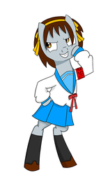 Size: 552x891 | Tagged: safe, artist:spideranon, pony, bipedal, evil, evil smile, grin, melancholy of haruhi suzumiya, ponified, standing, suzumiya haruhi, thinking