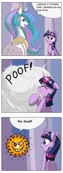 Size: 1024x2793 | Tagged: safe, artist:otakuap edit, princess celestia, twilight sparkle, alicorn, pony, g4, celestia's true form, comic, crazy sun, dialogue, exploitable meme, eyes closed, female, floppy ears, frown, mare, meme, nose wrinkle, open mouth, poof, raised hoof, scrunchy face, smiling, speech bubble, transformation, twilight sparkle (alicorn), wide eyes