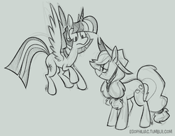 Size: 800x622 | Tagged: safe, artist:egophiliac, applejack, twilight sparkle, alicorn, pony, g4, female, mare, monochrome, twilight sparkle (alicorn)