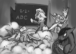 Size: 1014x725 | Tagged: safe, artist:kalemon, oc, oc only, oc:stable horse, fallout equestria, clothes, jumpsuit, monochrome, pipbuck, raider, stable horse comic, teaching, vault suit