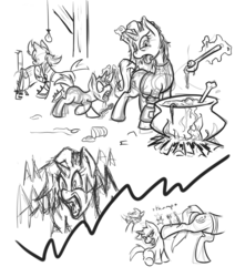 Size: 812x958 | Tagged: safe, artist:kalemon, oc, oc only, oc:stable horse, fallout equestria, cannibal, clothes, comic, cooking, jumpsuit, monochrome, pipbuck, raider, stable horse comic, vault suit