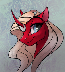 Size: 1280x1408 | Tagged: safe, artist:casynuf, oc, oc only, oc:scarlet rose, pony, unicorn, bedroom eyes, horn, horn ring, looking at you, portrait, smiling
