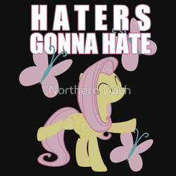Size: 550x550 | Tagged: safe, artist:northerndash, fluttershy, g4, clothes, cutie mark, female, haters gonna hate, iphone case, merchandise, redbubble, shirt, solo, sticker, text