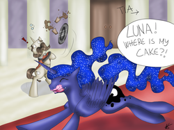 Size: 1890x1417 | Tagged: safe, artist:kot6, kibitz, princess luna, g4, .psd available, butler, cake, eyes closed, running, this will end in tears and/or a journey to the moon, tongue out, yelling