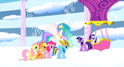 Size: 1099x597 | Tagged: safe, screencap, applejack, fluttershy, pinkie pie, princess celestia, rainbow dash, rarity, twilight sparkle, alicorn, earth pony, pegasus, pony, unicorn, g4, sonic rainboom (episode), female, hot air balloon, mane six, mare, twinkling balloon, unicorn twilight