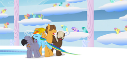 Size: 1062x597 | Tagged: safe, screencap, dizzy twister, dumbbell, hoops, lyra heartstrings, merry may, orange swirl, parasol, quarterback, rainbow dash, sassaflash, spring melody, sprinkle medley, pegasus, pony, g4, sonic rainboom (episode), cloudiseum, duplication, female, male, mare, self paradox, self ponidox, stallion, taking off