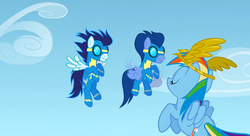 Size: 1099x597 | Tagged: safe, screencap, rainbow dash, soarin', wave chill, pegasus, pony, g4, sonic rainboom (episode), female, goggles, male, mare, stallion, wonderbolts uniform