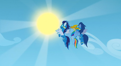 Size: 1099x597 | Tagged: safe, screencap, rainbow dash, soarin', wave chill, pegasus, pony, g4, sonic rainboom (episode), butt, female, goggles, male, mare, plot, rainbutt dash, soarass, stallion, wavebutt, wonderbolts, wonderbolts uniform