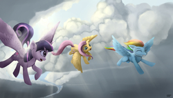 Size: 1911x1086 | Tagged: safe, artist:des1597, fluttershy, rainbow dash, twilight sparkle, alicorn, pony, g4, female, flying, mare, twilight sparkle (alicorn)