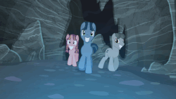 Size: 630x355 | Tagged: safe, screencap, bacon braids, log jam, earth pony, pegasus, pony, unicorn, g4, season 5, the cutie map, animated, creepers, creepy smile, crying inside, cult, cutie mark vault, egalitarianism, equal cutie mark, equalized, equalized mane, fake smile, female, it's coming right at us, male, mare, slow motion, smiling, stallion, walking, wide smile, wrong neighborhood, you know for kids