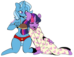 Size: 677x520 | Tagged: safe, artist:cotta, trixie, twilight sparkle, anthro, g4, boyshorts, bra, brush, brushie, clothes, cute, explicit source, female, hairbrush, heart, lesbian, mismatched underwear, pajamas, panties, red underwear, ship:twixie, shipping, sisters, starry underwear, underwear, yellow underwear