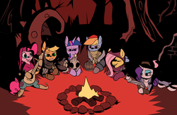 Size: 943x615 | Tagged: safe, artist:metal-kitty, applejack, fluttershy, pinkie pie, rainbow dash, rarity, twilight sparkle, earth pony, pegasus, pony, unicorn, g4, bounty hunter, campfire, candle, clothes, crossover, darkest dungeon, eyes closed, fire, forest, frown, glare, grave robber, gritted teeth, hat, highwayman, hood, hoof hold, jester, jester pie, mane six, occultist, open mouth, prone, sitting, skull, smiling, vestal