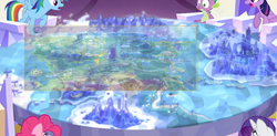 Size: 1879x928 | Tagged: safe, screencap, pinkie pie, rainbow dash, rarity, twilight sparkle, alicorn, pony, g4, the cutie map, comparison, cutie map, female, map, map of equestria, mare, the hall of friendship, twilight sparkle (alicorn), twilight's castle