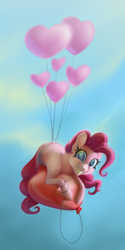 Size: 3581x7190 | Tagged: safe, artist:kapteeni-teepannu, pinkie pie, earth pony, pony, g4, absurd resolution, balloon, cute, diapinkes, female, heart balloon, looking at you, mare, smiling, solo, then watch her balloons lift her up to the sky