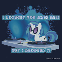 Size: 550x550 | Tagged: safe, artist:rozasupreme, dj pon-3, vinyl scratch, g4, but i eated it, clothes, drop the bass, female, merchandise, redbubble, shirt, solo, sticker, text
