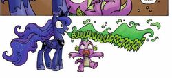 Size: 584x265 | Tagged: safe, idw, princess luna, spike, friends forever #14, g4, my little pony: friends forever, spoiler:comic, burp, green fire