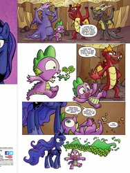 Size: 720x960 | Tagged: safe, idw, baff, garble, princess luna, spike, vex, alicorn, dragon, pony, friends forever #14, g4, my little pony: friends forever, spoiler:comic, burp, comic, dragonfire, female, fire, fire breath, fire burp, lying down, mare, on back, preview, teenaged dragon