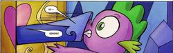 Size: 572x177 | Tagged: safe, idw, princess luna, spike, friends forever #14, g4, my little pony: friends forever, spoiler:comic, boop, gritted teeth, misleading thumbnail, wide eyes