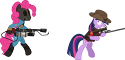 Size: 12494x6000 | Tagged: safe, artist:korsoo, pinkie pie, twilight sparkle, pony, unicorn, g4, absurd resolution, bipedal, crossover, cutie mark, female, flamethrower, gun, hat, hooves, horn, mare, optical sight, pinkie pyro, pyro (tf2), rifle, simple background, sniper, sniper (tf2), sniper rifle, team fortress 2, teeth, transparent background, twilight sniper, vector, weapon