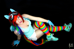 Size: 5472x3648 | Tagged: safe, artist:tendercosplay, rainbow dash, human, g4, cleavage, clothes, cosplay, female, irl, irl human, multicolored hair, photo, rainbow hair, rainbow socks, socks, striped socks, tank top