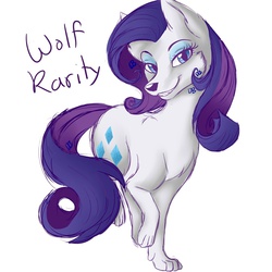 Size: 1279x1279 | Tagged: safe, artist:dari-draws, rarity, wolf, g4, bedroom eyes, female, grin, looking at you, simple background, smiling, solo, species swap