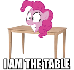 Size: 388x364 | Tagged: safe, pinkie pie, g4, image macro, lou reed, meme, metallica, table