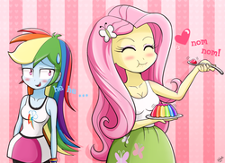 Size: 1651x1200 | Tagged: safe, artist:riouku, fluttershy, rainbow dash, equestria girls, g4, blushing, cleavage, clothes, eating, eyes closed, female, jelly, lesbian, nom, ship:flutterdash, shipping, skirt, tank top, wristband