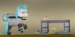 Size: 1280x638 | Tagged: safe, artist:minty candy, oc, oc only, oc:minty candy, cyborg, pony, unicorn, zebra, fallout equestria, fallout equestria: occupational hazards, alarm, cannon, corpse, dead, glasses, holotape, indoors, recording, skeleton, solo, table, tesla cannon