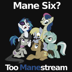 Size: 550x550 | Tagged: safe, bon bon, derpy hooves, dj pon-3, doctor whooves, lyra heartstrings, octavia melody, sweetie drops, time turner, vinyl scratch, g4, background six, clothes, merchandise, pun, redbubble, shirt, text