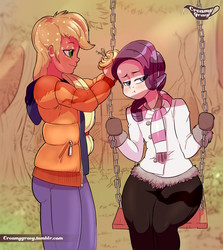 Size: 2029x2273 | Tagged: safe, artist:creamygravy, applejack, rarity, human, g4, :t, clothes, coat, female, flower, high res, humanized, jacket, lesbian, light skin, scarf, ship:rarijack, shipping, swing