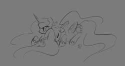 Size: 1280x681 | Tagged: safe, artist:darkflame75, princess celestia, princess luna, lunadoodle, g4, monochrome, snuggling