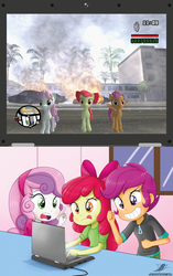 Size: 1458x2322 | Tagged: safe, artist:the-butch-x, apple bloom, scootaloo, sweetie belle, pony, equestria girls, g4, computer, crusaders on laptop meme, cutie mark crusaders, exploitable meme, grand theft auto, gta san andreas, laptop computer, meme, meme origin