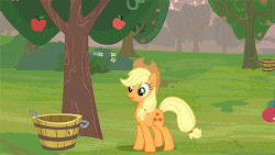 Size: 500x282 | Tagged: safe, artist:brutalweather studio, applejack, earth pony, pony, wrong apple tree, feeling pinkie keen, g4, animated, apple, apple of eden, apple tree, assassin's creed, bucket, circling stars, dizzy, female, show accurate, silly, silly pony, slapstick, stars, that pony sure does love apples, tree, who's a silly pony