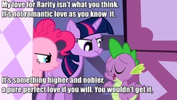 Size: 1280x720 | Tagged: safe, pinkie pie, rarity, spike, twilight sparkle, g4, green isn't your color, babylon 5, female, image macro, implied rarity, lennier, love, male, meme, modified quote, obscure reference, quote, ship:sparity, shipping, straight