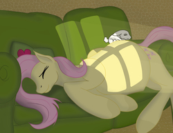 Size: 4356x3366 | Tagged: safe, artist:equum_amici, artist:patch, angel bunny, fluttershy, g4, belly, eyes closed, on side, pregnant, sleeping, smiling, sunrise