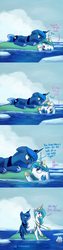 Size: 1200x4800 | Tagged: safe, artist:anticular, princess celestia, princess luna, alicorn, pony, ask sunshine and moonbeams, g4, boat, cast away, comic, duo, duo female, female, mare, ocean, shouting in the comments, titanic, water, wilson (cast away)