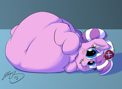 Size: 1078x788 | Tagged: safe, artist:093, nurse sweetheart, earth pony, pony, g4, belly, blushing, braces, fat, female, obese, solo