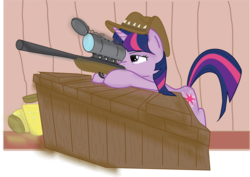Size: 1553x1101 | Tagged: safe, twilight sparkle, pony, unicorn, g4, cutie mark, female, gun, hat, hooves, horn, jar, jarate, mare, optical sight, pee in container, rifle, sniper, sniper (tf2), sniper rifle, solo, team fortress 2, urine, weapon