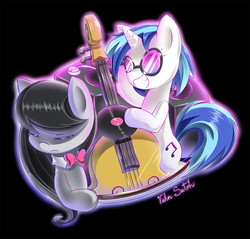 Size: 929x887 | Tagged: safe, artist:banzatou, dj pon-3, octavia melody, vinyl scratch, earth pony, pony, unicorn, g4, black background, bow, bowtie, cello, eyes closed, female, mare, musical instrument, signature, simple background, smiling, turntable