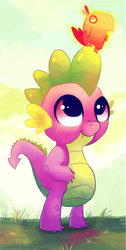 Size: 900x1787 | Tagged: safe, artist:mapony240, peewee, spike, dragon, phoenix, g4, baby, baby dragon, baby phoenix, cute, fangs, grass, male, peeweebetes, spikabetes