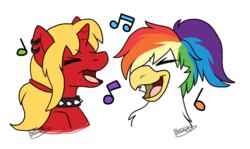 Size: 922x550 | Tagged: safe, artist:breezepleeze, oc, oc only, oc:melissa ewing, oc:rainbow feather, griffon, choker, earring, interspecies offspring, magical lesbian spawn, music, music notes, offspring, parent:gilda, parent:rainbow dash, parents:gildash, portrait, simple background, singing, spiked choker, transparent background