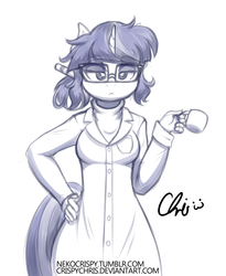 Size: 1437x1749 | Tagged: safe, artist:nekocrispy, sci-twi, twilight sparkle, unicorn, anthro, g4, :3, clothes, coffee, cute, female, glasses, lidded eyes, monochrome, ponified humanized pony, solo, twiabetes