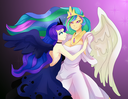 Size: 1024x791 | Tagged: dead source, safe, artist:yaatsuu, princess celestia, princess luna, human, g4, duo, female, humanized, light skin, sisters, winged humanization