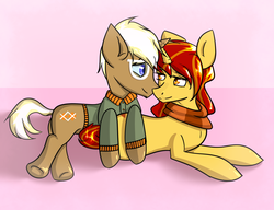 Size: 1873x1435 | Tagged: safe, artist:whisperfoot, trenderhoof, oc, oc:autumn leaf, pony, unicorn, g4, canon x oc, cute, female, male, mare, nuzzling, shipping, stallion