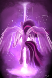 Size: 1600x2400 | Tagged: safe, artist:pedrohander, twilight sparkle, alicorn, pony, g4, both cutie marks, butt, colored, digital art, energy, female, floating, magic, plot, rear view, solo, spread wings, twilight sparkle (alicorn)