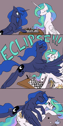Size: 1500x3000 | Tagged: safe, artist:silfoe, princess celestia, princess luna, alicorn, pony, royal sketchbook, g4, alicorn eclipse, chess, comic, concave belly, cute, cutie mark, duo, eclipse, eyes closed, female, food, four-limbed hug, game, glomp, horn, hug, hug from behind, laughing, missing accessory, pile, royal sisters, sibling love, siblings, simple background, sisterly love, sisters, smiling, spread wings, surprise hug, tackle, tea, teacup, winghug, wings