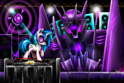 Size: 1280x854 | Tagged: safe, artist:pinkrose2001, dj pon-3, vinyl scratch, g4, crossover, soundscratch, soundwave, transformers