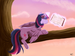 Size: 1600x1200 | Tagged: safe, artist:emcrasher, twilight sparkle, alicorn, pony, g4, book, female, mare, reading, tree, twilight sparkle (alicorn)